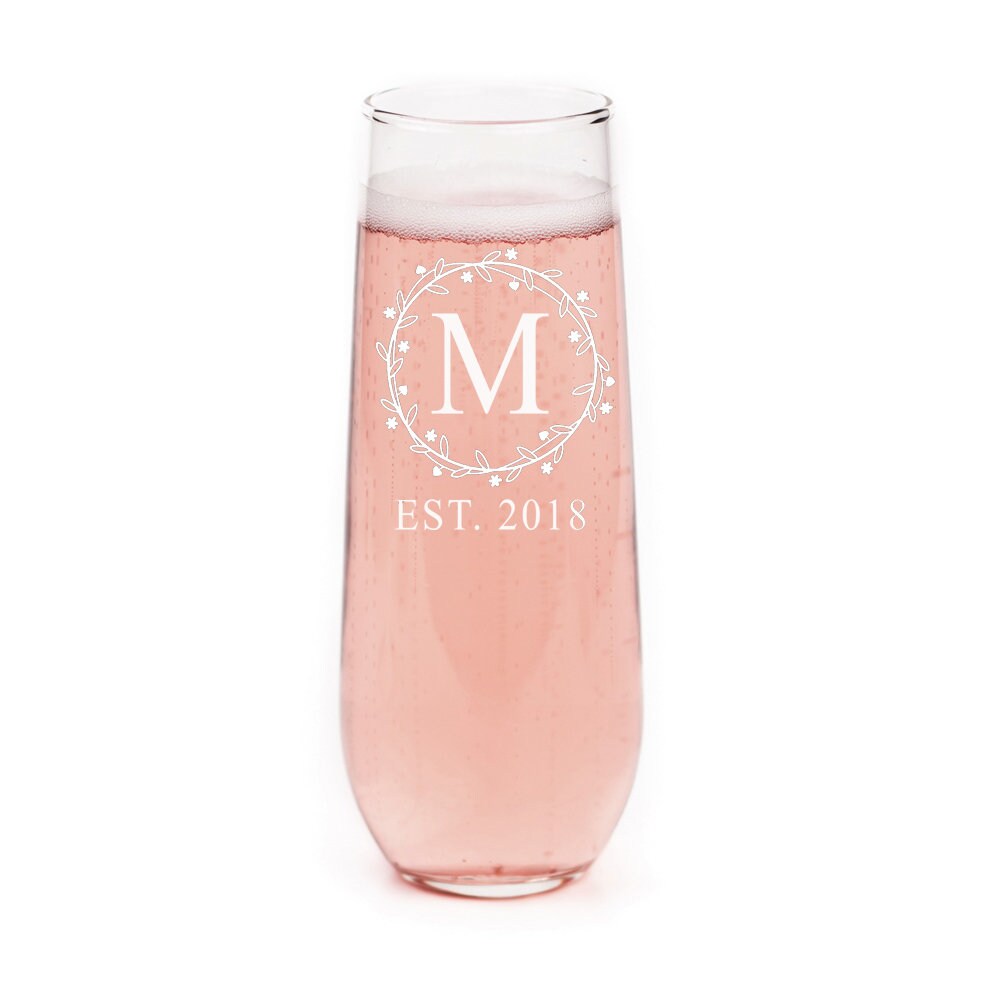 Wreath Monogram Personalized Stemless Champagne Flute,Monogram Champagne Glass,Personalized Wedding Toasting Flutes,Custom Brides Gifts