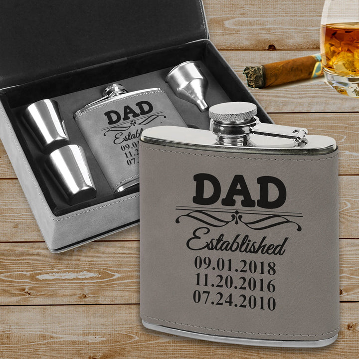 Custom Dad Family Tree Flask Father's Day Gift, Leatherette Flask gift set, Flask gift for dad, Man cave gift,Fun gifts for Dad,New dad gift