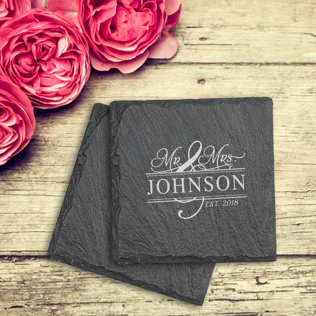 Custom Mr. and Mrs. Slate Coasters Couples Gifts, Housewarming Engraved Coaster gifts, Wedding Gifts For Couples, Bridal Shower Coaster Gift