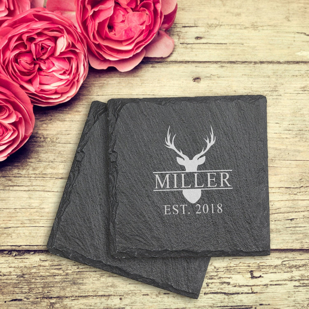 Personalized Stag Design Slate Coaster Housewarming Gifts, Engraved Couples Coaster gift, Wedding Gift Couples, Rustic Wedding Coasters