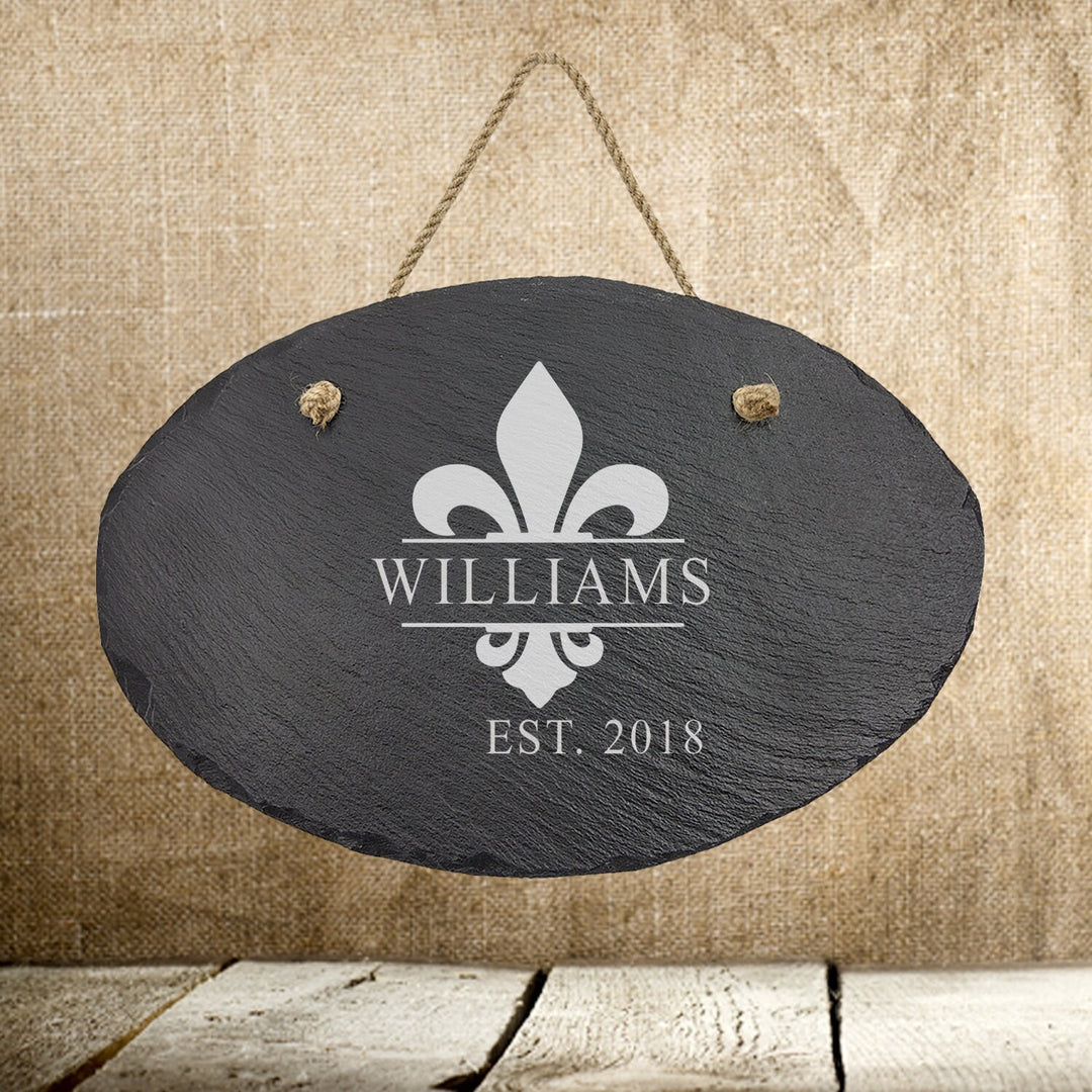 Personalized Fleur De Lis Monogram Slate Sign Couples Gifts, Housewarming Engraved Stone Sign , Wedding Gift For Couples, Bridal Shower Gift