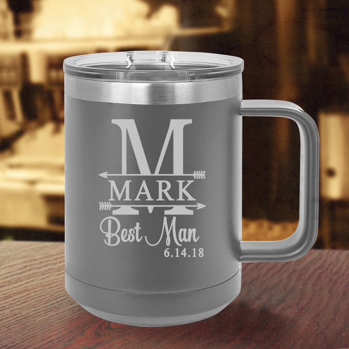Monogram Groomsman Coffee Mug, Insulated Groomsmen Travel Coffee Mug, Best Man Mug Gift, Groom gift,Vacuum Insulated Mug with Slider Lid
