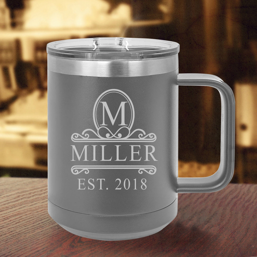 Monogram Filigree Design Coffee Mug Gift, Housewarming Personalized Coffee Mug Gifts for Couples, Insulated Travel Mug, Coffee Mug Gift
