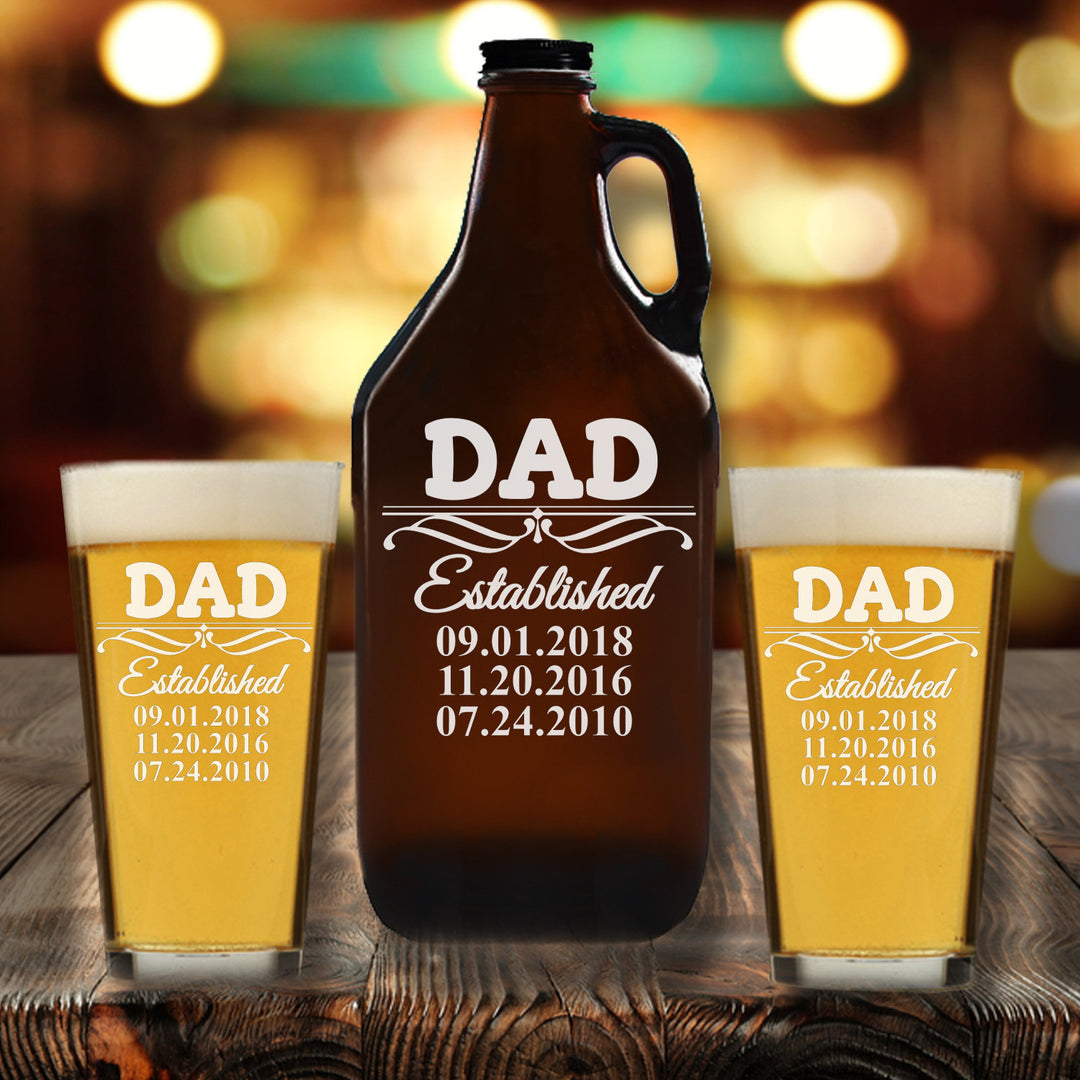 Custom Dad Established Beer Glass Growler, Personalized Family tree Father's day Beer Growler Pint Beer glass, Dad Beer Glass Gift