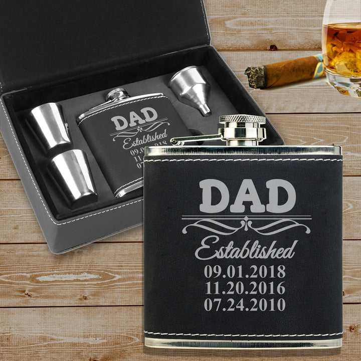 Custom Dad Family Tree Flask Father's Day Gift, Leatherette Flask gift set, Flask gift for dad, Man cave gift,Fun gifts for Dad,New dad gift