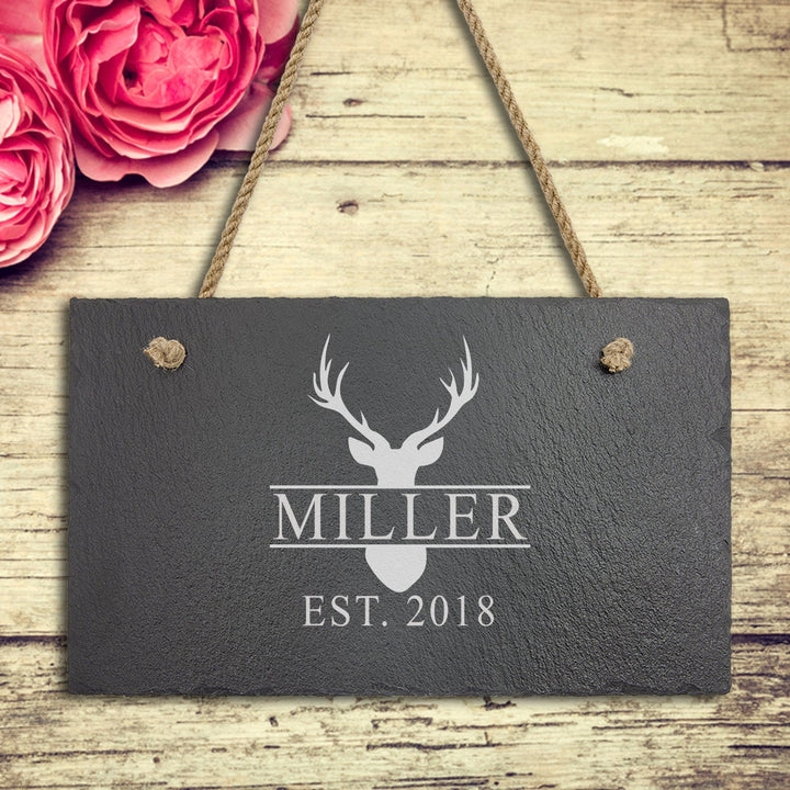 Personalized Stag Head Monogram Slate Sign Couples Gifts, Housewarming Engraved Stone Sign , Wedding Gift For Couples, Bridal Shower Gift