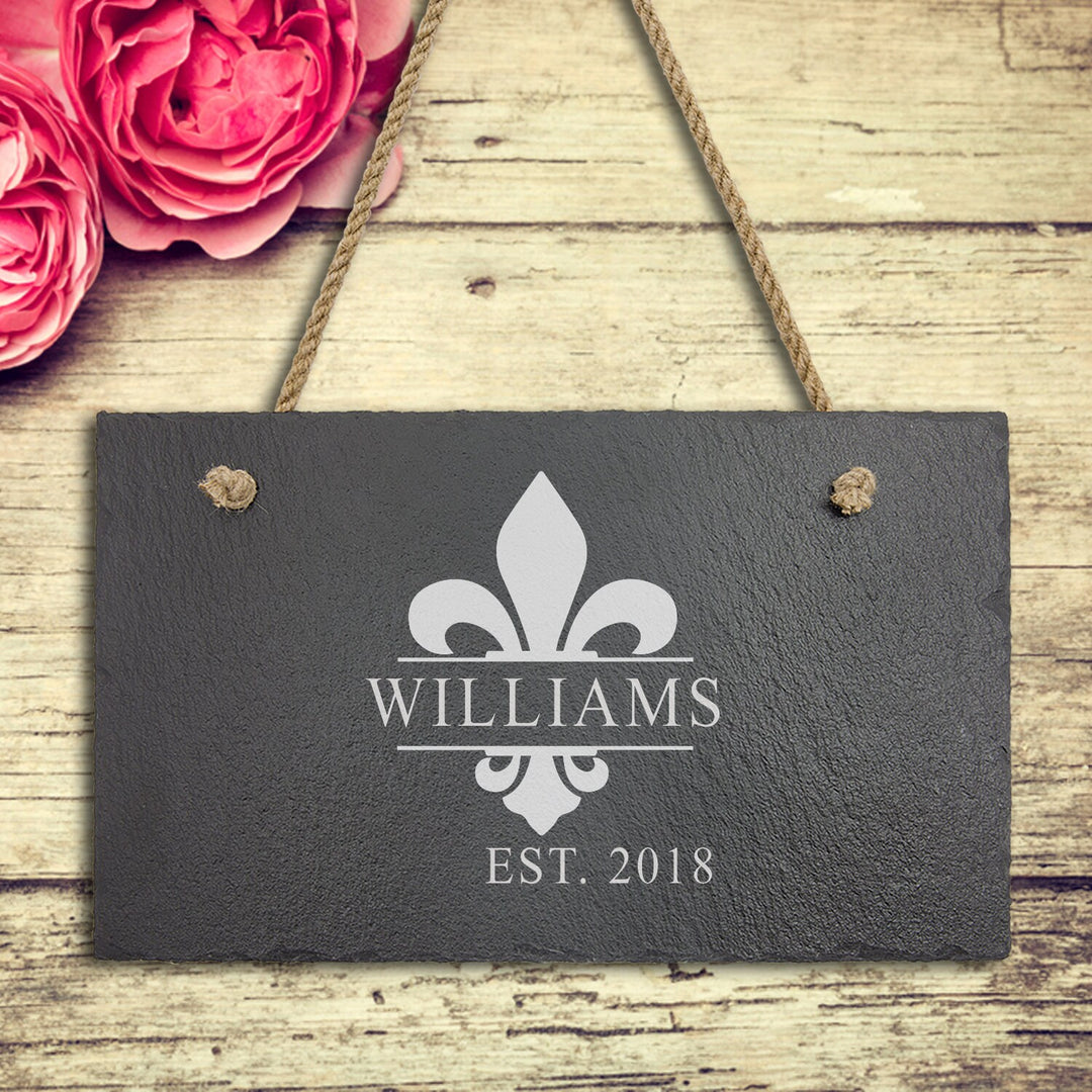 Personalized Fleur De Lis Monogram Slate Sign Couples Gifts, Housewarming Engraved Stone Sign , Wedding Gift For Couples, Bridal Shower Gift