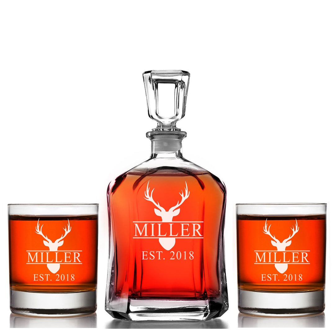 Stag Head Hunters Housewarming Whiskey Decanter Gift set, Stag Head Whiskey Decanter set,Engraved Wedding Gift for Couples, Scotch Whiskey