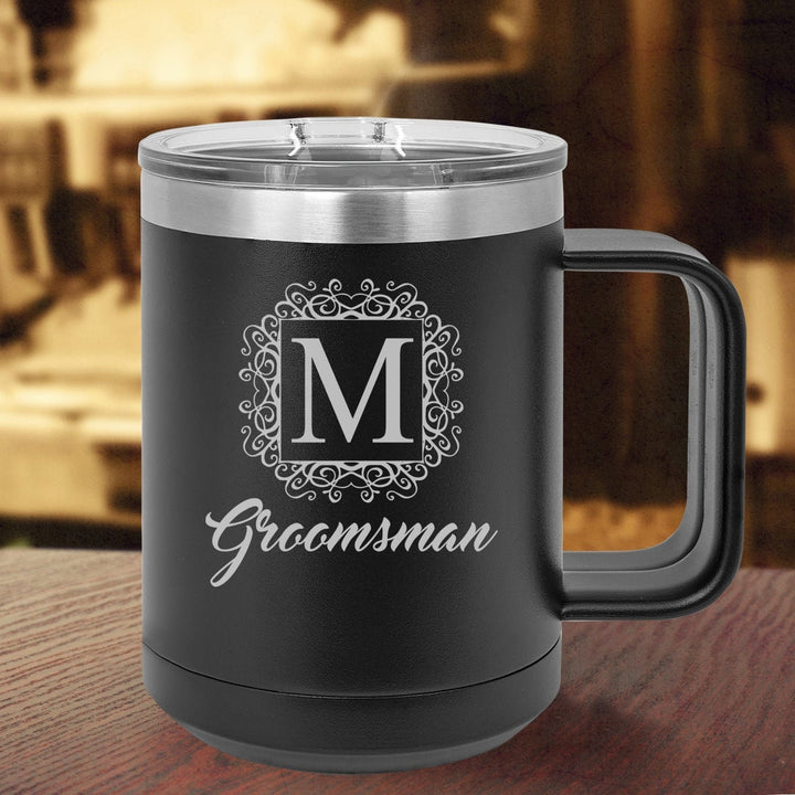 Monogram Flourish Groomsman Gift Personalized Coffee Mug, Insulated Groomsmen Travel Mug, Best Man Mug Gift, Groom gift,Vacuum Insulated Mug