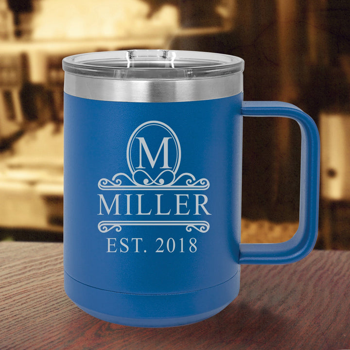 Monogram Filigree Design Coffee Mug Gift, Housewarming Personalized Coffee Mug Gifts for Couples, Insulated Travel Mug, Coffee Mug Gift