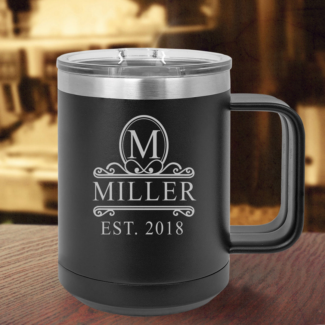 Monogram Filigree Design Coffee Mug Gift, Housewarming Personalized Coffee Mug Gifts for Couples, Insulated Travel Mug, Coffee Mug Gift