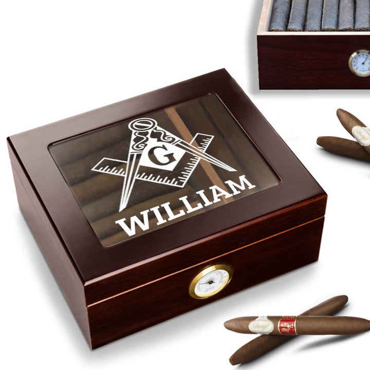 Personalized Free Mason Cigar Humidor Box Gift - Masons Cigar Humidor – Cigar Holder – Cigar Humidor Gift – Wood Cigar Box–Glass Cigar Box