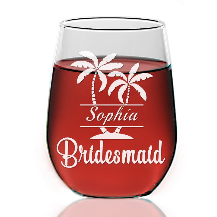 Palm Tree Bridesmaid Personalized Wine Glass Gift Personalized,Pineapple Maid of Honor Stemless Wine Glass, Bridal Party Gift, Bride Wine