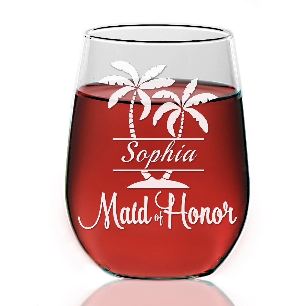 Palm Tree Bridesmaid Personalized Wine Glass Gift Personalized,Pineapple Maid of Honor Stemless Wine Glass, Bridal Party Gift, Bride Wine