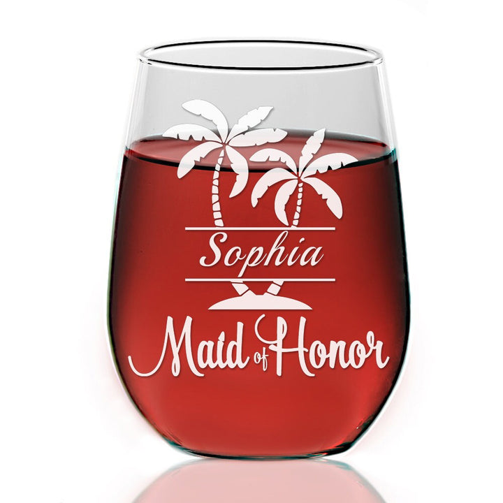 Palm Tree Bridesmaid Personalized Wine Glass Gift Personalized,Pineapple Maid of Honor Stemless Wine Glass, Bridal Party Gift, Bride Wine