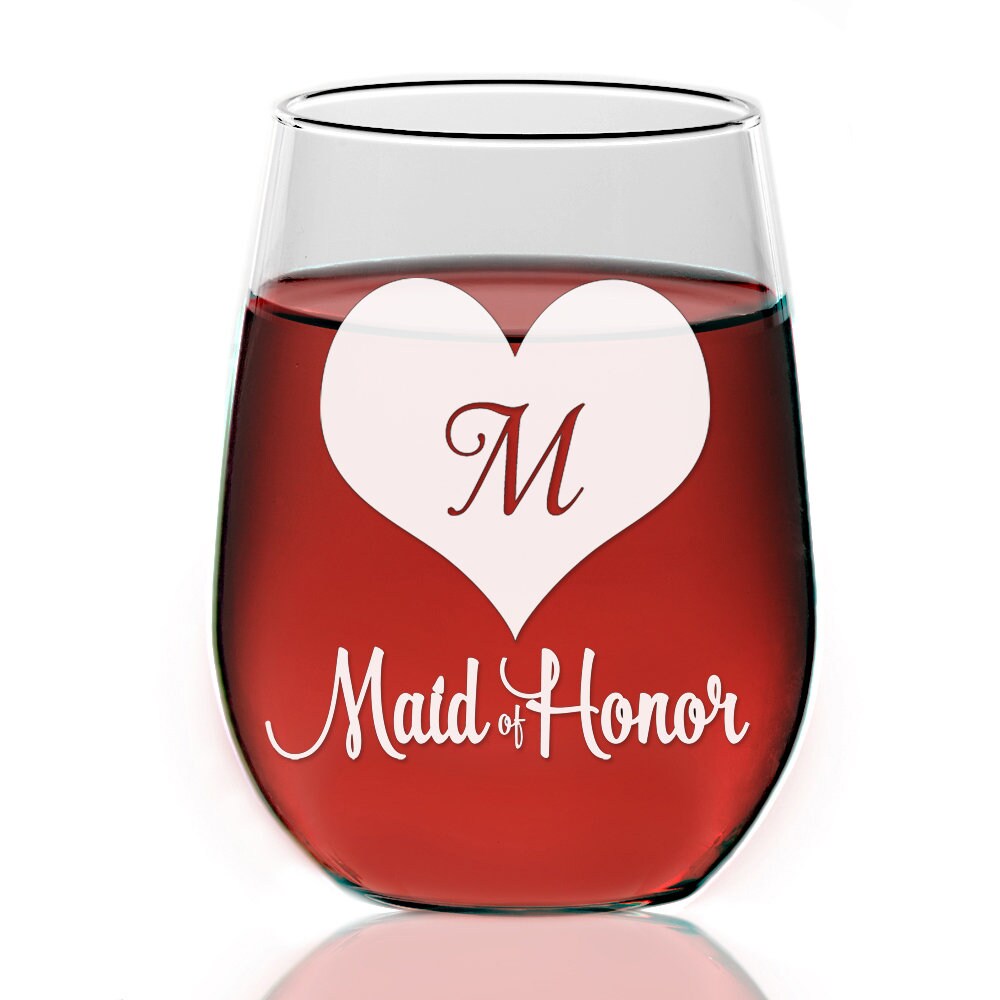 Bridesmaid Monogram Heart Stemless Wine Glass Gift Personalized, Bridesmaid Stemless Wine Glasses, Bridal Party Gift, Bride glass