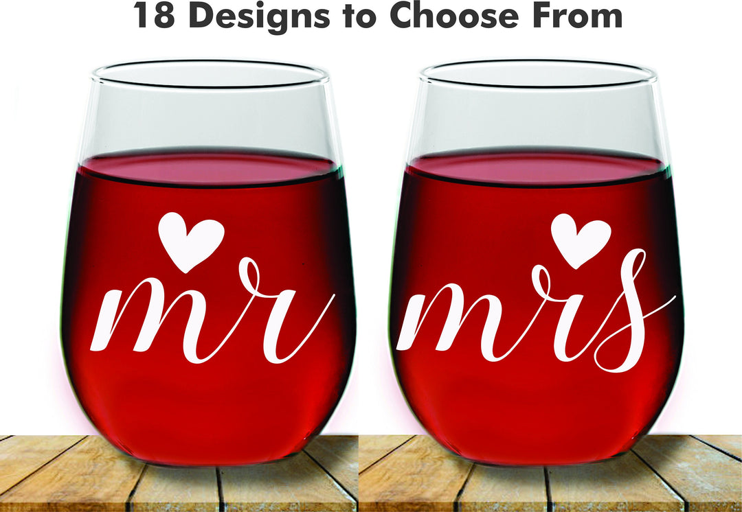 Wedding Gift Wine Glass Mr and Mrs Wedding Couples Stemless Wine Glass Gift, 2 pc Set Wine Glass, Toasting Wine glass, Wedding Wine Glass