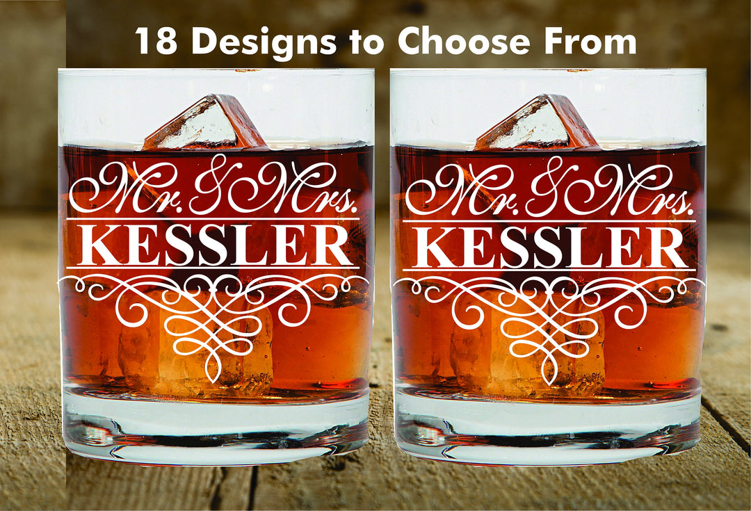 Ornate Classic 2pc Wedding Whiskey Glasses, Personalized Wedding Gift for Couples, 2 pc Set Whiskey Glass, Wedding Couples Scotch Glass,