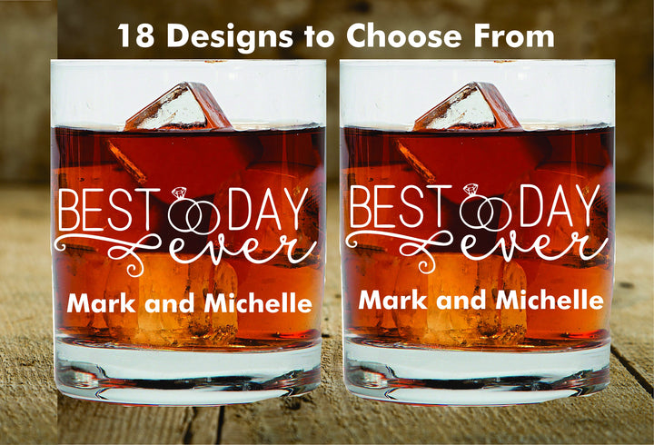 Best Day Ever Wedding Whiskey Glass, Wedding Gift for Couples, 2 pc Set Whiskey Glass, Bourbon Gift glass, Wedding Couples Scotch Glass