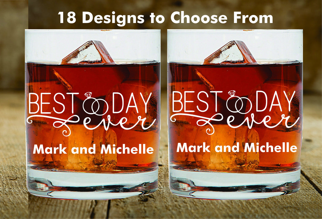 Ornate Classic 2pc Wedding Whiskey Glasses, Personalized Wedding Gift for Couples, 2 pc Set Whiskey Glass, Wedding Couples Scotch Glass,