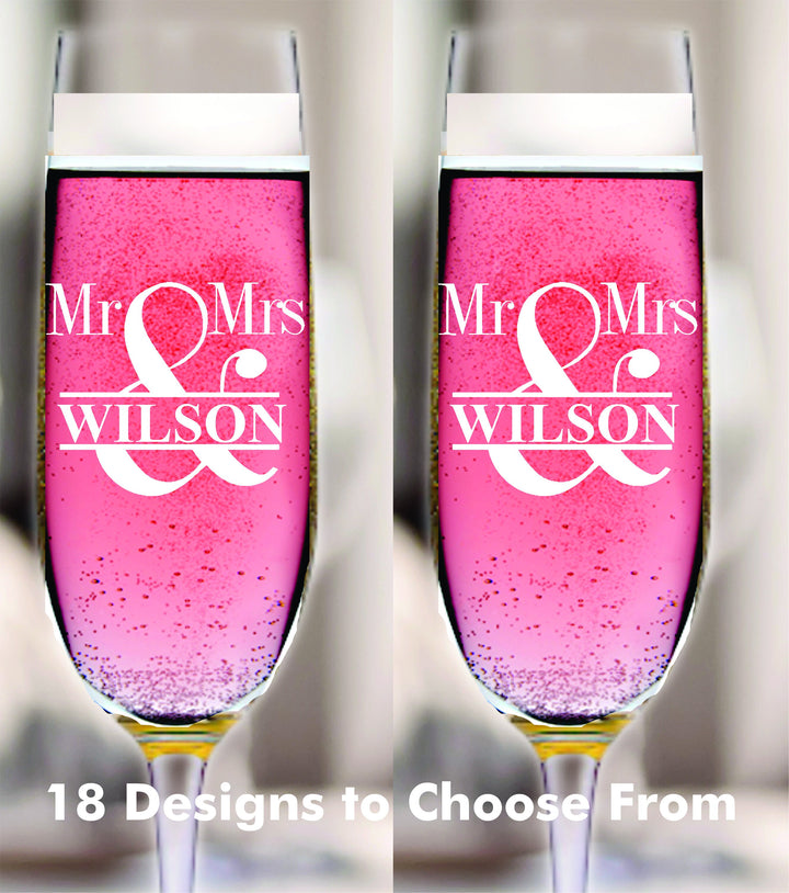 Customized Mr and Mrs Wedding Champagne Flute for Wedding Toast , Personalized 2 pc Set Champagne Glass, Bridal Shower Glass Champagne