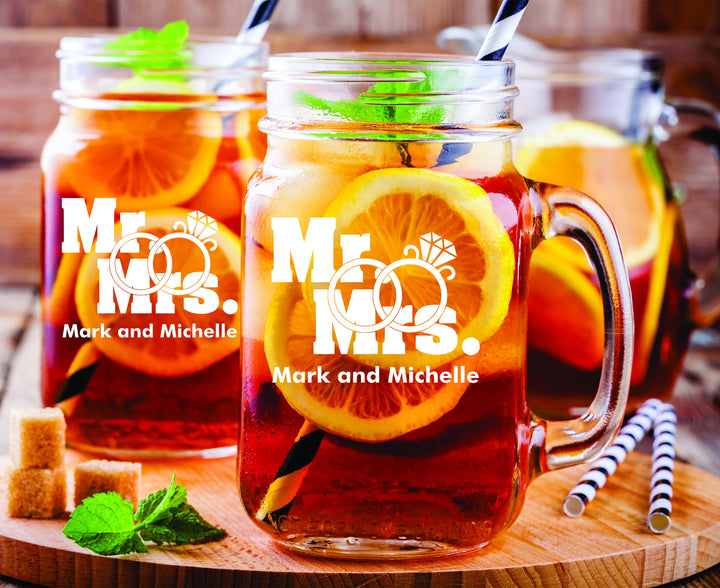 Monogram Mason Jar Glass with handle , Personalized 2 pc Set Mason Jar Drinking Glass Gift, Bridal Shower Mason Jar gift, Custom Mason Jar