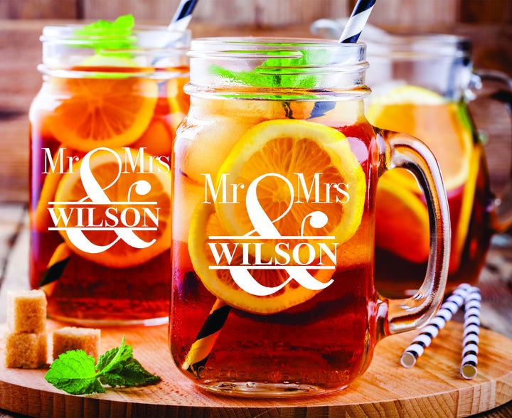 Mr and Mrs Mason Jar Glass with handle , Personalized 2 pc Set Mason Jar Drinking Glass Gift, Bridal Shower Mason Jar gift, Custom Mason Jar