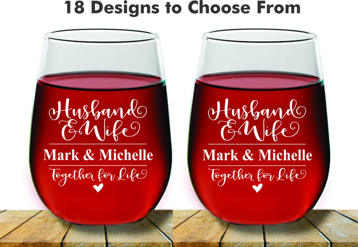 Husband and Wife For Life Custom Wedding Couples Stemless Wine Glass, 2 pc Set Wine Glass, Monogram Wine glass, Wedding Wine Glass, Favors