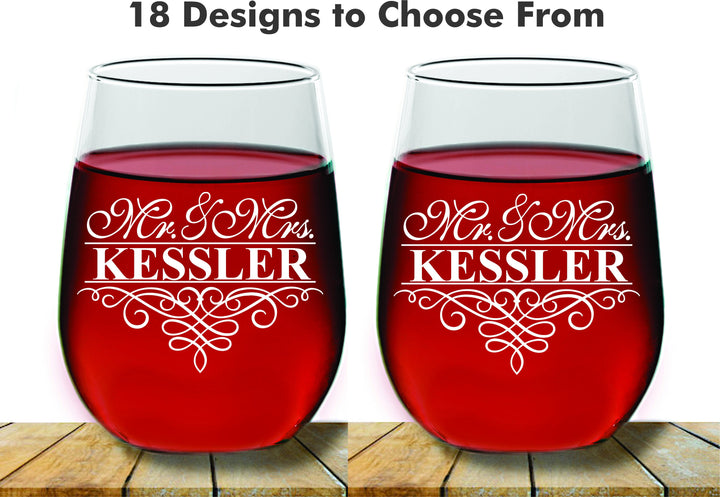 Husband and Wife For Life Custom Wedding Couples Stemless Wine Glass, 2 pc Set Wine Glass, Monogram Wine glass, Wedding Wine Glass, Favors