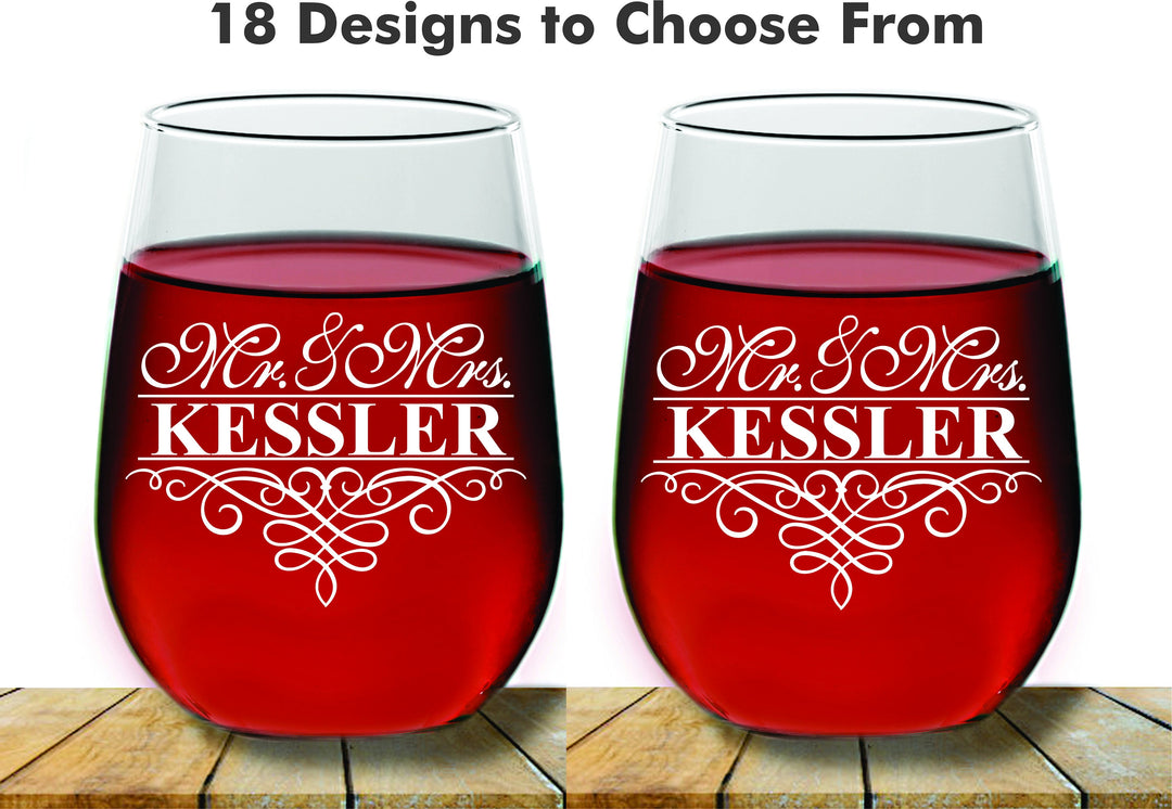 Personalized Stylish Wedding Couples Stemless Wine Glass Gift, 2 pc Set Wine Glass, Monogram Wine glass, Wedding Wine Glass, Favors