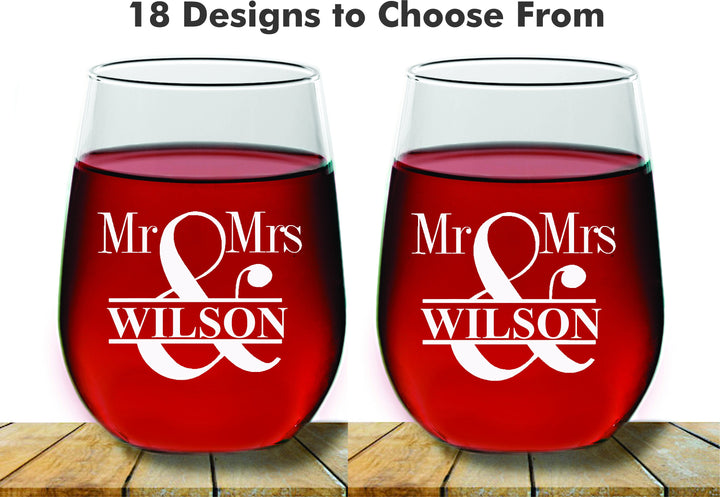 Wedding Gift Wine Glass Mr and Mrs Wedding Couples Stemless Wine Glass Gift, 2 pc Set Wine Glass, Toasting Wine glass, Wedding Wine Glass