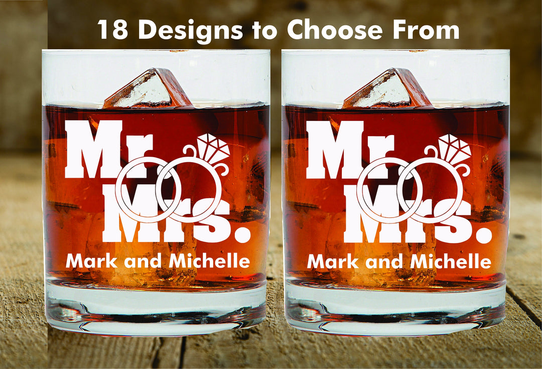 Ornate Classic 2pc Wedding Whiskey Glasses, Personalized Wedding Gift for Couples, 2 pc Set Whiskey Glass, Wedding Couples Scotch Glass,