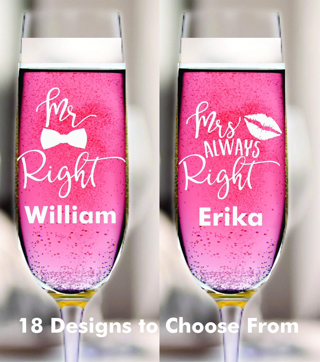 Funny Mr Right and Mrs Always Right Champagne Flute for Wedding Toast , 2 pc Set Champagne Glass, Bridal Shower Glass, Champagne Toasting