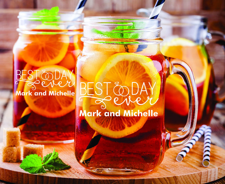 Custom Mr and Mrs Mason Jar Glass with handle , Personalized 2 pc Set Mason Jar Drinking Glass Gift, Mason Jar gift, Custom Mason Jar