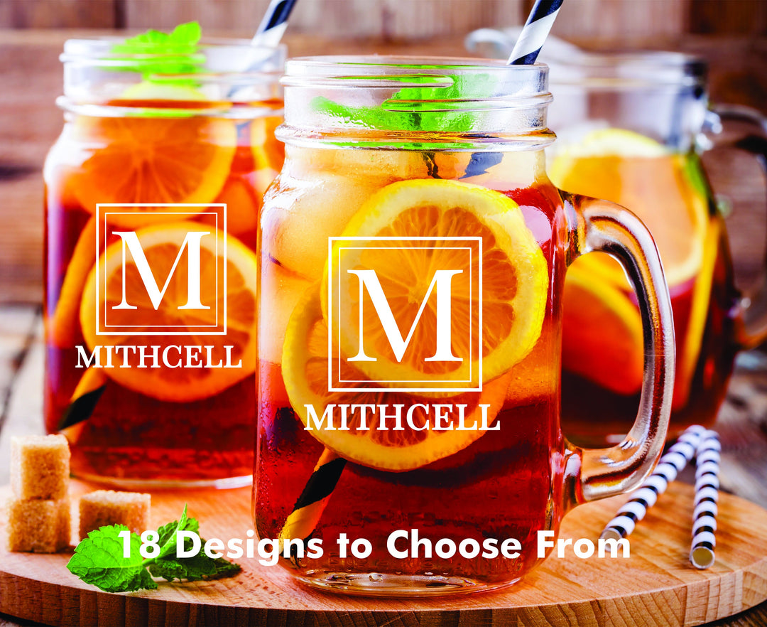 Monogram Mason Jar Glass with handle , Personalized 2 pc Set Mason Jar Drinking Glass Gift, Bridal Shower Mason Jar gift, Custom Mason Jar