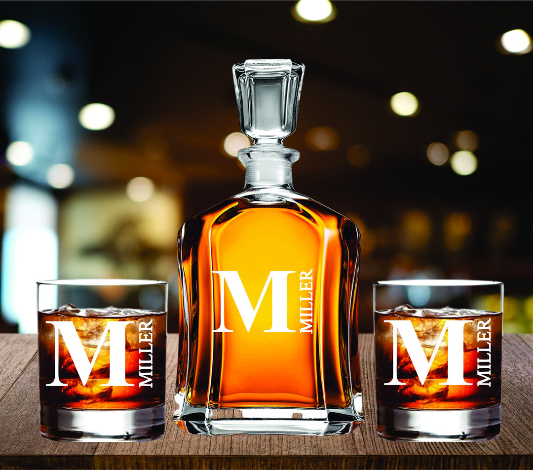 Wedding Gift for couples Monogram Whiskey Decanter Gift set, Housewarming Whiskey Decanter set, Groomsman Decanter set Gift, Scotch Glass