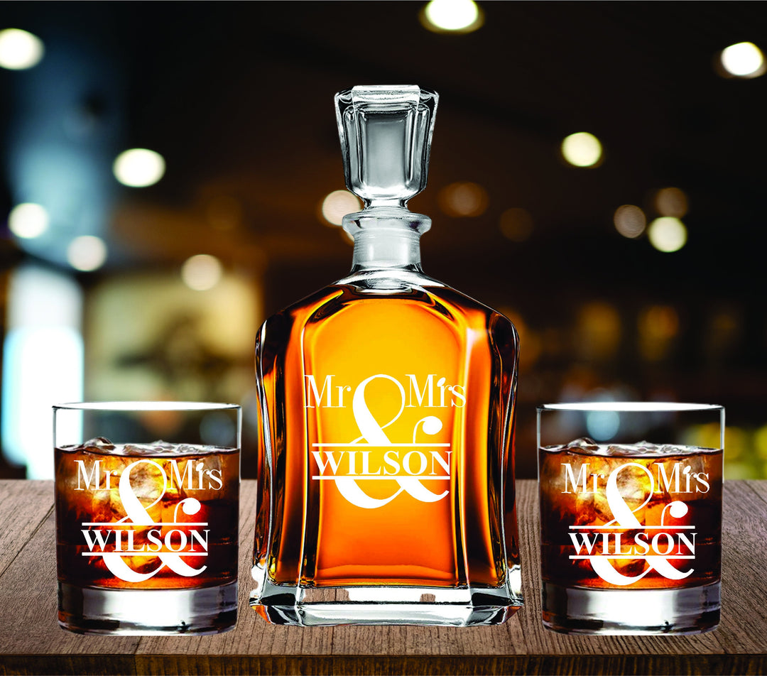 Mr and Mrs Wedding Gift for couples Monogram Wedding Decanter Gift set, Housewarming Whiskey Decanter set, Wedding Gifts, Scotch Glass