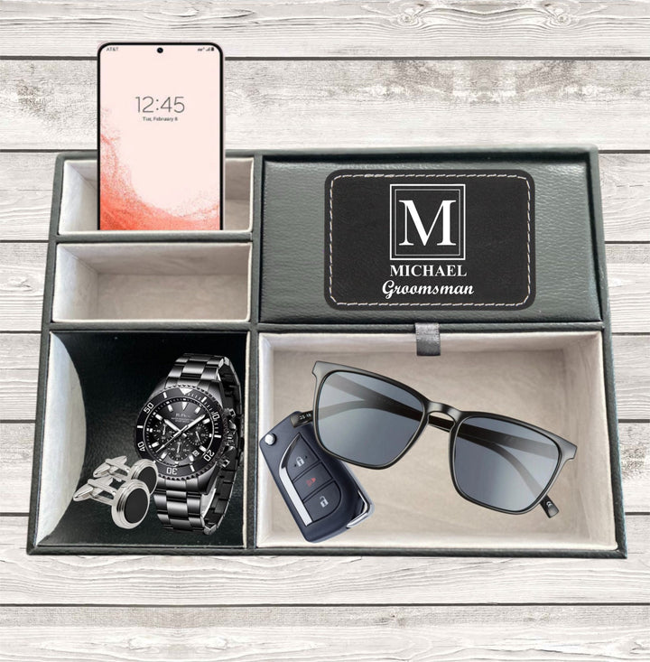 Custom Groomsman Gift Catchall Valet Tray Organizer, Groomsmen Custom Valet Tray, Personalized Men's Day Desk Organizer, Monogram Valet Box