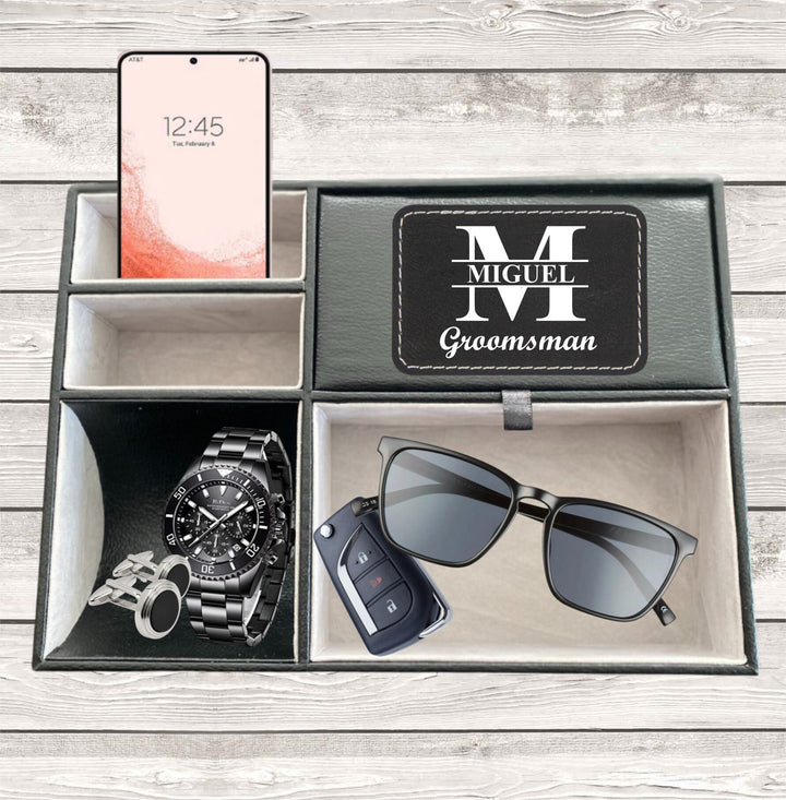 Groomsmen Proposal Catchall Valet Tray Organizer, Groomsman Custom Valet Tray, Personalized Men's Day Desk Organizer, Monogram Valet Box