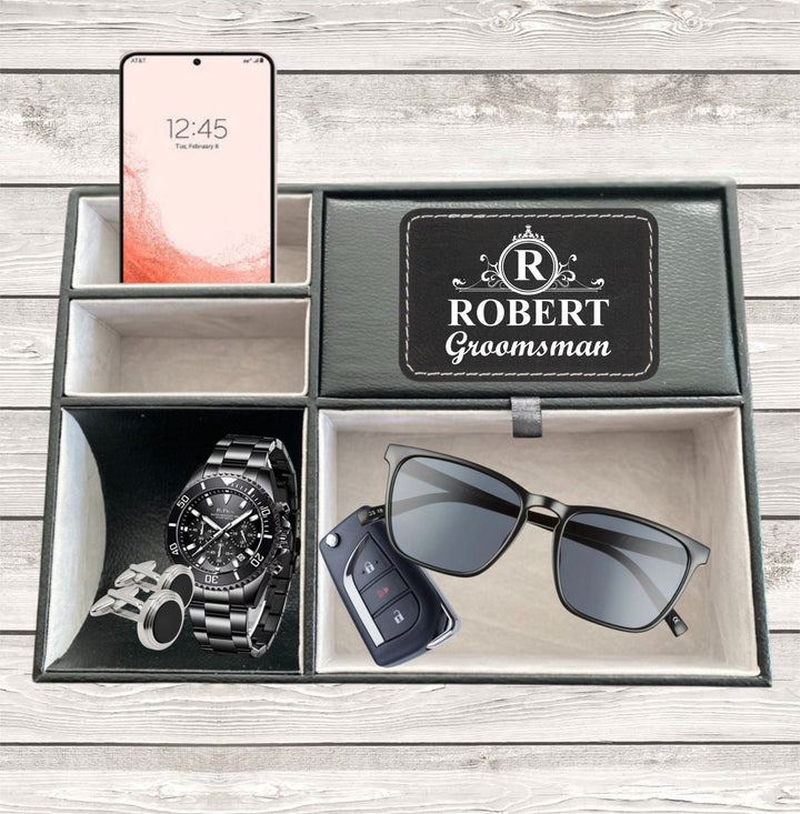 Custom Groomsman Gift Catchall Valet Tray Organizer, Groomsmen Custom Valet Tray, Personalized Men's Day Desk Organizer, Monogram Valet Box