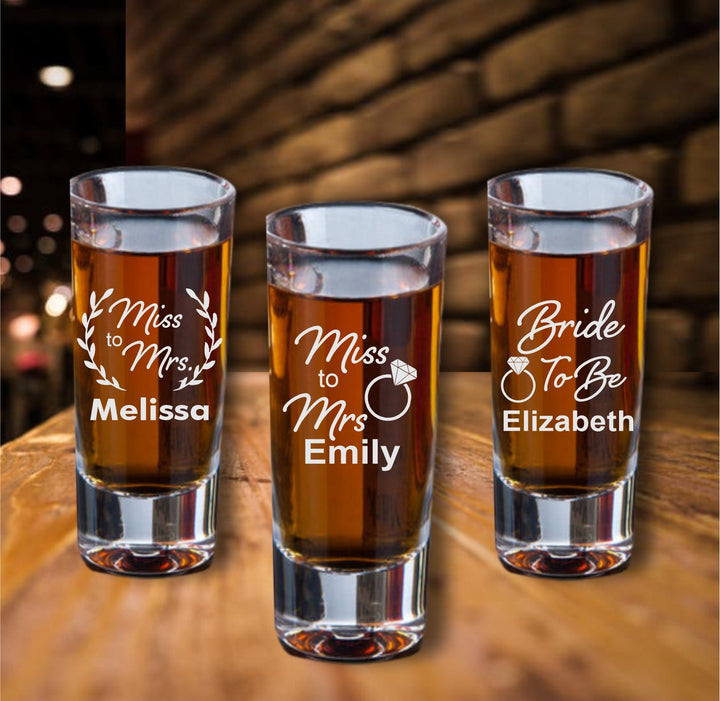 Personalized 12 pcs Bridal Shower Tall Shot Glass Favors, Custom Bridal Shower Favor, Engraved Shot Glasses, Shooter Glass Party Favors