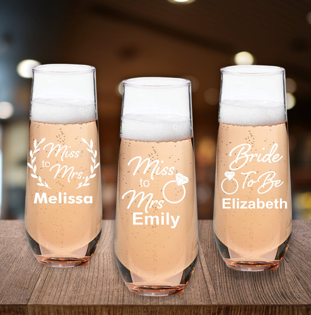 12 Pcs Personalized Wedding Shower Champagne Flute Favors, Miss to Mrs Bridal Shower Favor, Stemless Champagne Glasses, Wedding Party Favors