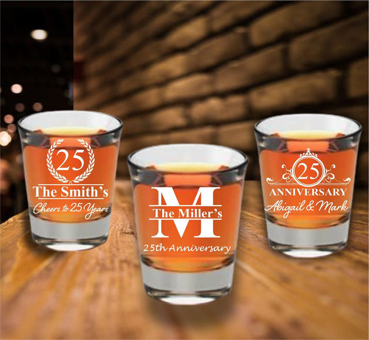 Personalized 25th Anniversary 12 pcs Shot Glass Favors, Custom 25 Years Favor, Engraved Shot Glass, Mom and Dad, Husband, Wife Anniversary