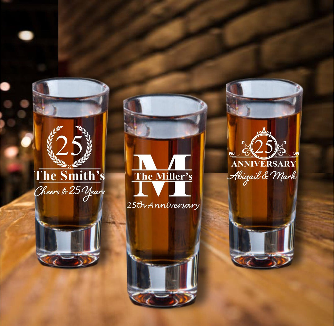 12 Pc Set Tall Shot Glass 25th Anniversary Favors, Unique Shot Glasses, Engraved Glass Party Favor, 25 Years Silver Wedding Anniversary