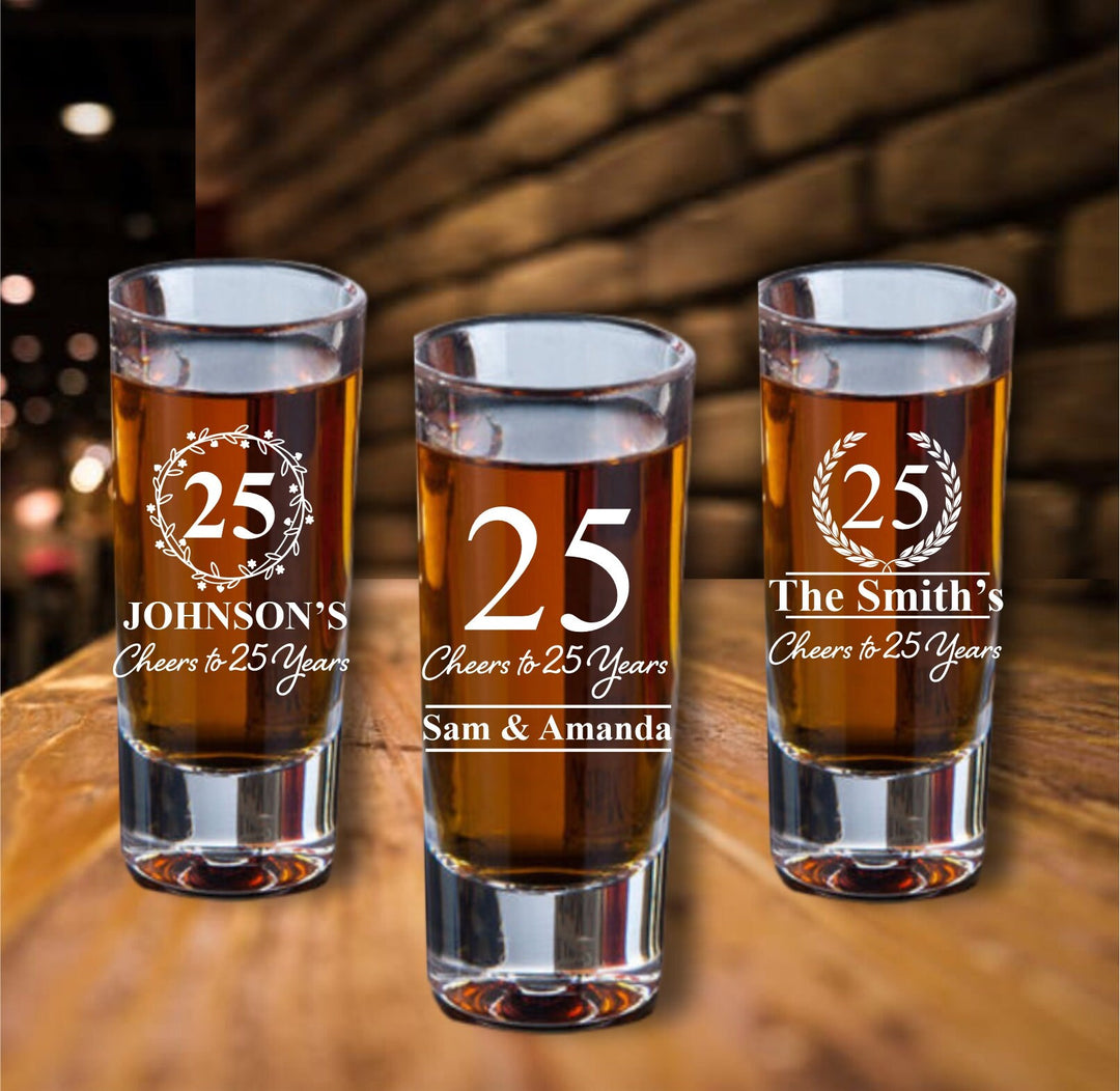 Custom 12 Pcs 25th Anniversary Shot Glass Favors, Twenty Five Anniversary Favor, Engraved Shooter Glasses, 25 Years Party favor Gifts