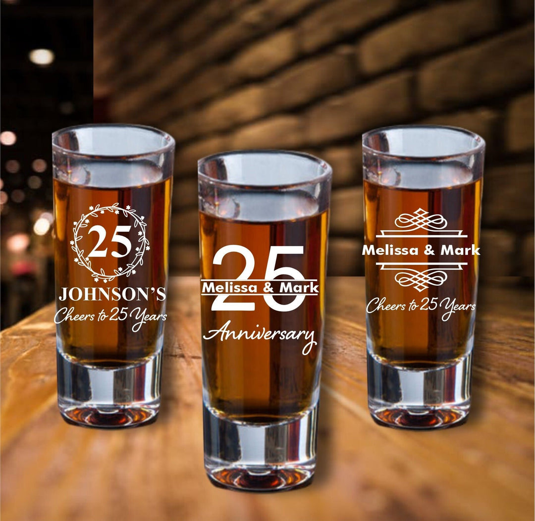 Custom 12 Pcs 25th Anniversary Shot Glass Favors, Twenty Five Anniversary Favor, Engraved Shooter Glasses, 25 Years Party favor Gifts