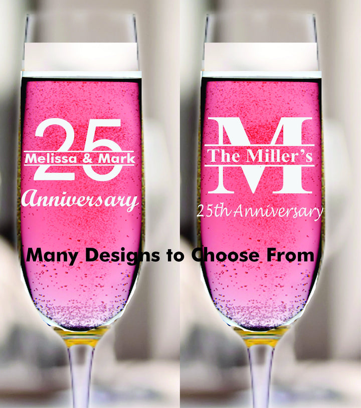 Personalized 12 pcs 25th Anniversary Stemmed Champagne Glass Favors, Custom 25 Years Favor, Engraved Champagne Flute, Wedding Anniversary