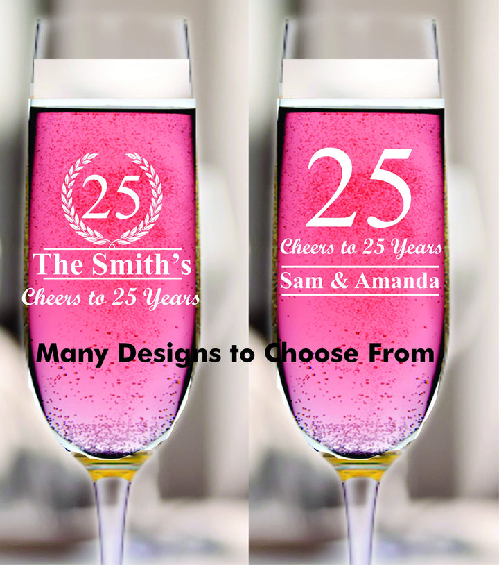 Personalized 12 pcs 25th Anniversary Stemmed Champagne Glass Favors, Custom 25 Years Favor, Engraved Champagne Flute, Wedding Anniversary