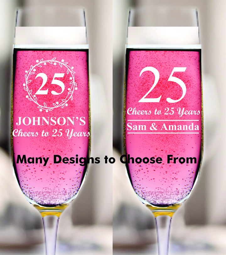 Personalized 12 pcs 25th Anniversary Stemmed Champagne Glass Favors, Custom 25 Years Favor, Engraved Champagne Flute, Wedding Anniversary