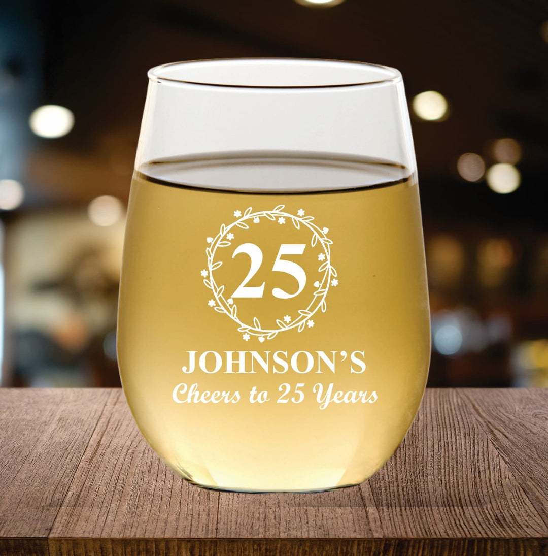 12 Pcs Stemless Wine Glass 25th Anniversary Favors, Anniversary Favor, Wine Glasses, Engraved Party Favors, Mom and Dad gifts, Husband Wife